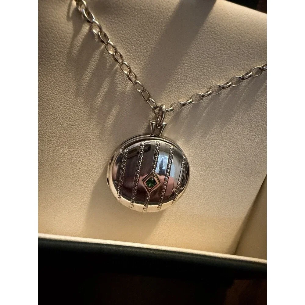 Sterling Silver Monica Rich Kosann Beaded Center-Emerald Locket 30 Inch Necklace